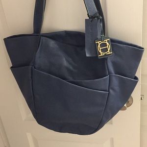 GRYSON blue leather shoulder bag lime green stitch